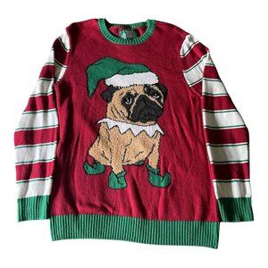 Ugly Christmas Sweater Pug Dog Mens Medium Red Green Holiday Pullover Funny Knit